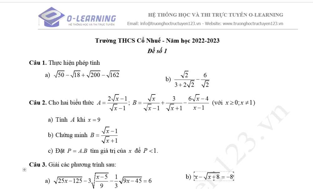 Toán 9. Đề cương Ôn tập giữa học kỳ 1. Trường THCS Cổ Nhuế năm học 2022-2023. Đề số 1